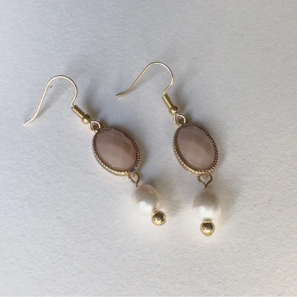 Blush Bead & Pearl Drop Earrings | Upcycled | Gold Stainless Steel Hooks - Picture 6 of 10